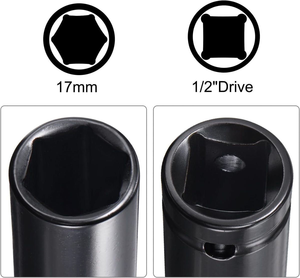 1/2" Drivsocker tillbehörssats, 17mm djup 6-kants påverkningssocker 6" längd och 1/4" hexaxeladapter
