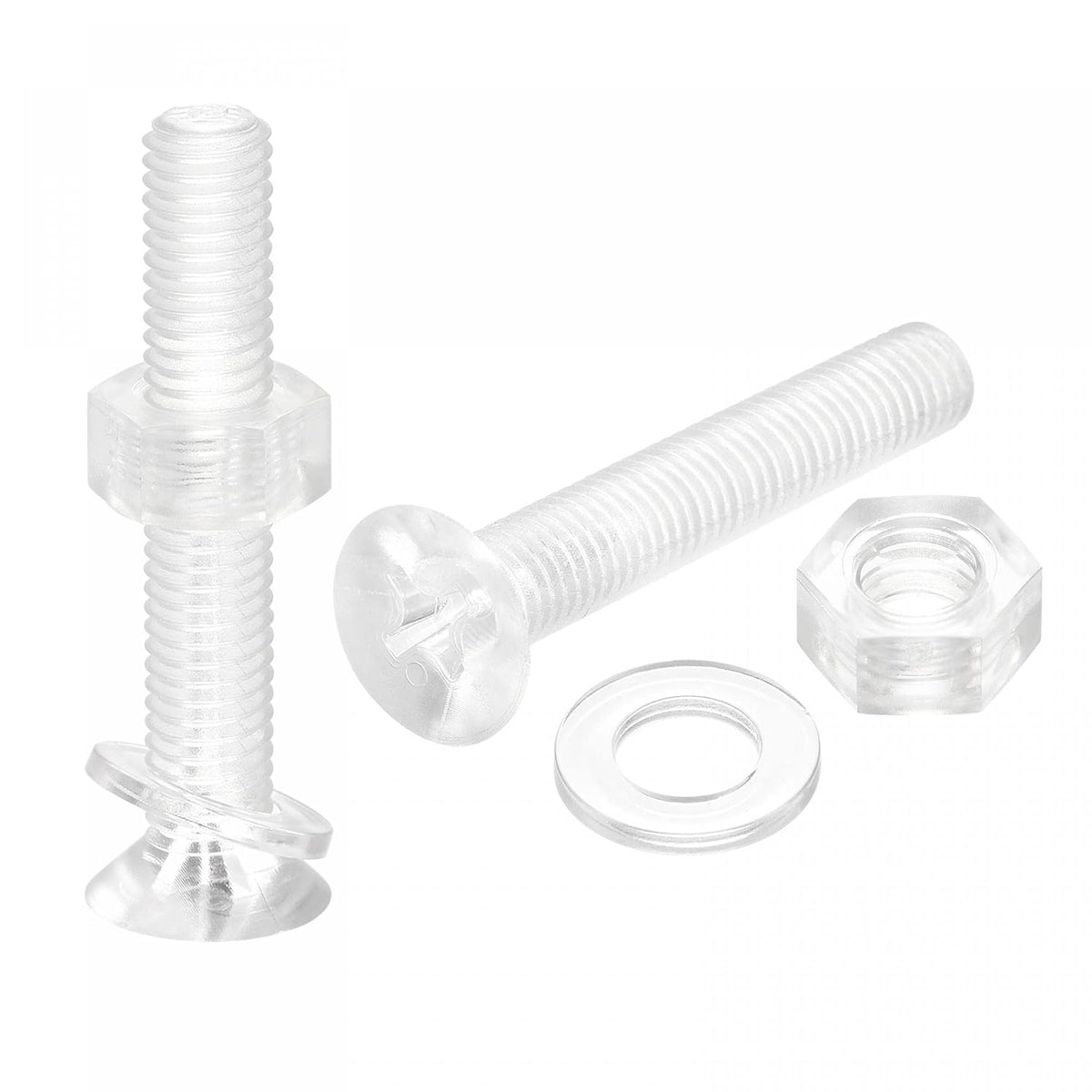 M8 x 50mm Plastic Phillips Machine Screws with Nuts and Flat Washers, PC Flat Head Machine Bolts Transparent 20 Sets