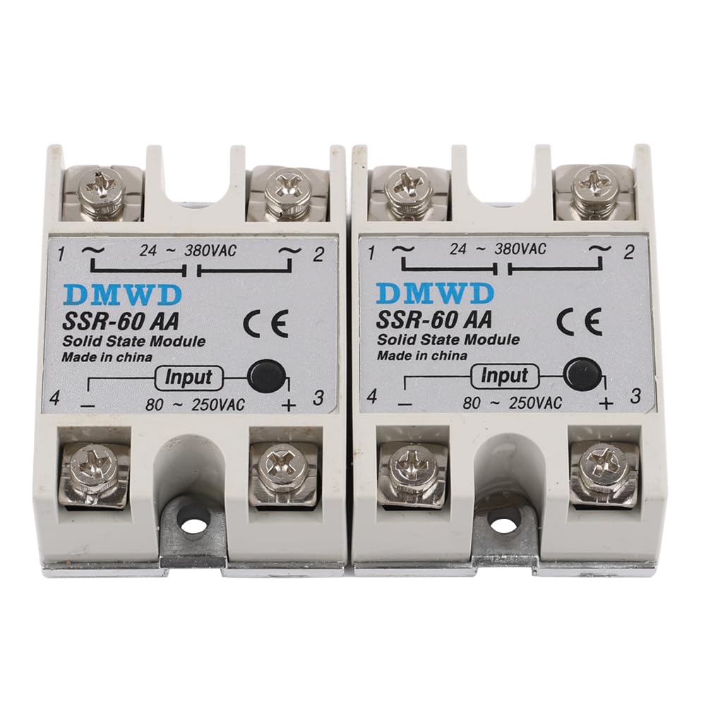 SSR-60AA Solid State Relay AC to AC (Input 80-250V AC Output 24-380V AC) 2 PCS Single Phase