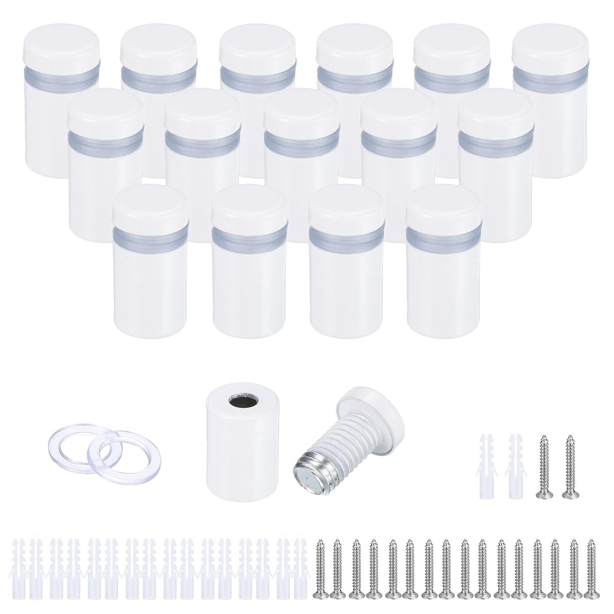 16 Pcs 15/32"x7/8" Standoff Screws, Stainless Steel Bathroom Mirror Wall Mounting Hardware Kit with Screws & Anchors for Acrylic Glass Sign Advertising Picture Frame, White