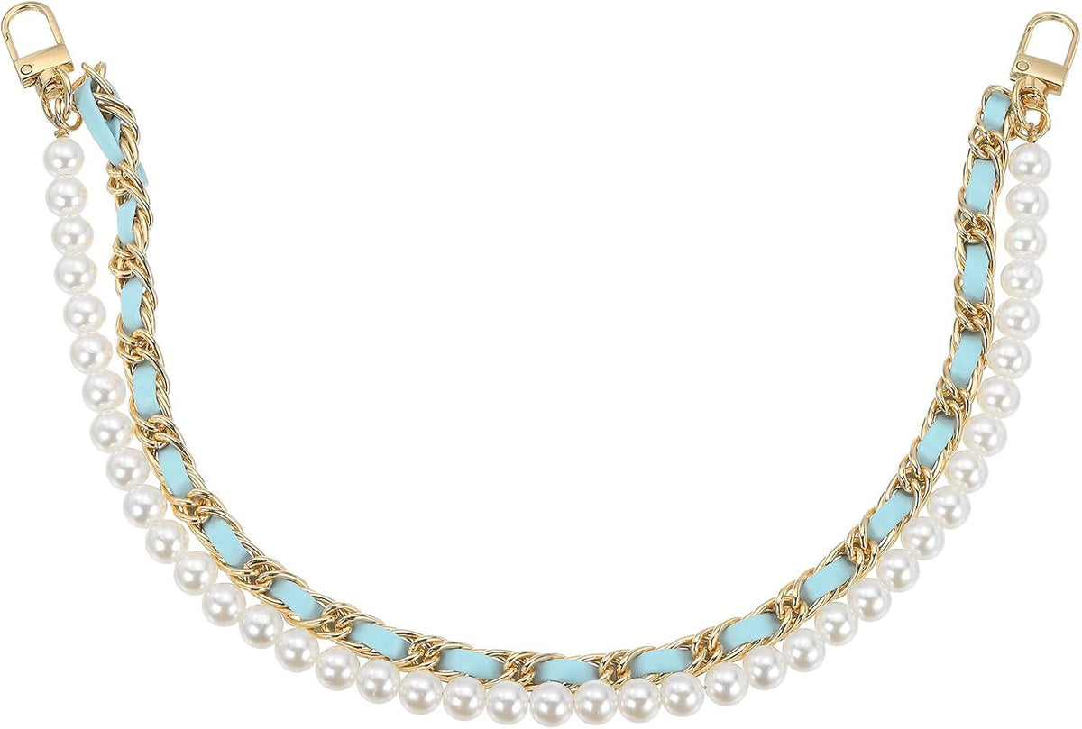 LinkMejor 17.7" Pearl Purse Double Chain, Metal Purse Extender Chain, PU Leather Double Handle Wrist Chain, Purse Handbag Strap Replacement Chain, (Blue, Gold Chain)