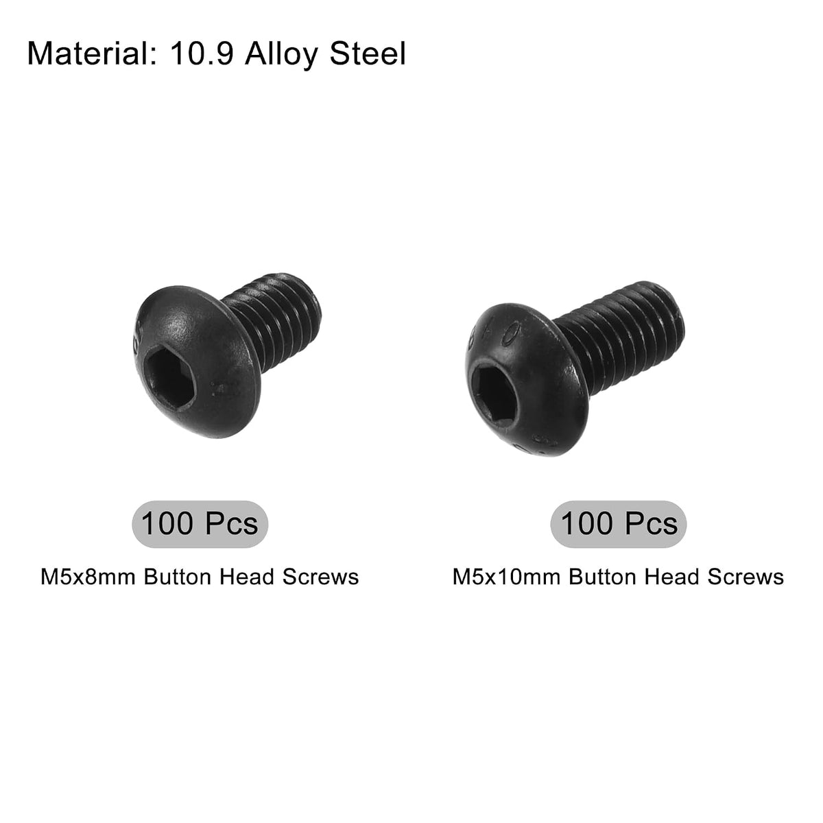 100pcs M5x10mm, 100pcs M5x8mm 10.9 Alloy Steel Button Head Hex Socket Cap Screw Bolt Black