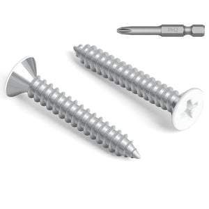 100 PCS #6 x 1-1/2" Parafusos de Aço Inoxidável Branco com Cabeça Plana e Phillips, Parafusos de Rosca Automática com Cabeça Escavada, Parafusos de Madeira Incluído com Fenda de Chave