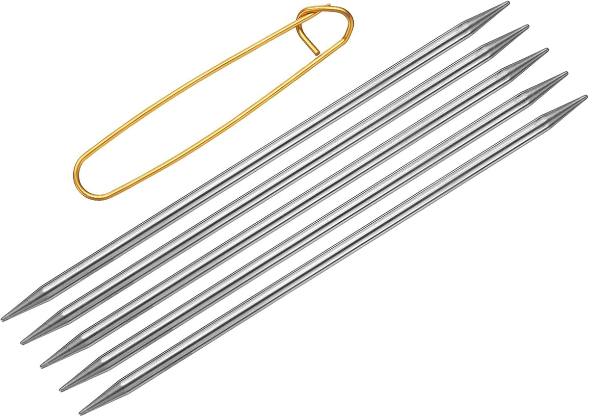 5Pcs US 10(6mm) Double Pointed Knitting Needle 7.87 Inches Length Stainless Steel Sweater Stitching Needles with Stitch Holder for Handmade Projects DIY Knitting