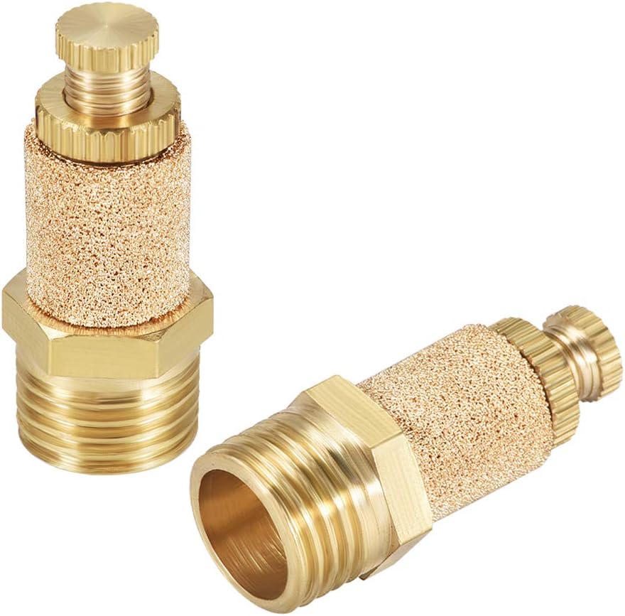 Sintered Bronze Exhaust Muffler Top Adjustable 1/4 NPT - Brass Body Pneumatic Air Muffler Air Flow Speed Controller Brass Flow Control Muffler 2pcs