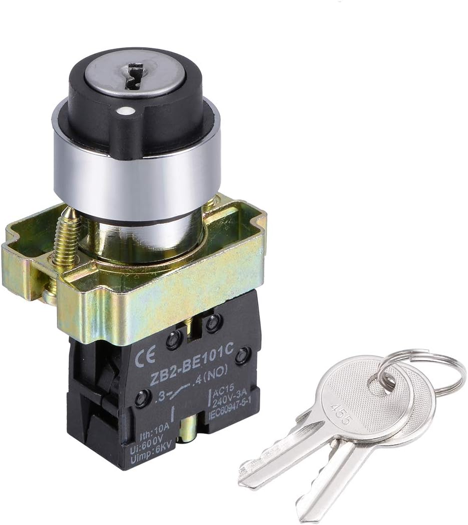 1Pcs 22mm 2 Position Key Locking Push Button Switch with Keys Black NO