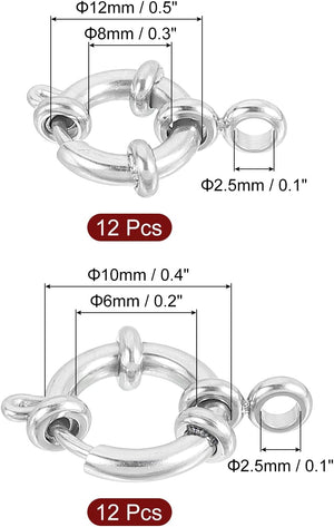Spring Ring Clasps, 24Pcs 10/12mm Stainless Steel Round Close Spring Ring Clasps Connectors for DIY Necklace Bracelets Jewelry Making, Silver Tone