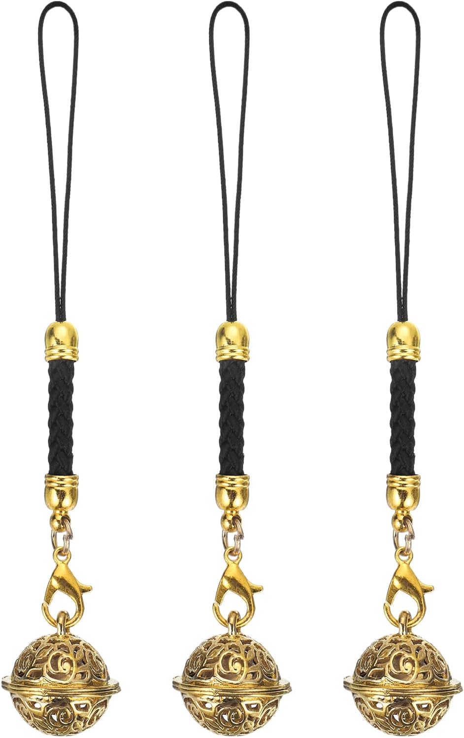 3 Pcs Cellphone Strap Pendant, 10cm/3.94inch Jingle Bells Cellphone Hanging Bells Keychains Lanyards Wrist Strap Decor for DIY Crafts, Backpack, Camera Purse, Black/Gold