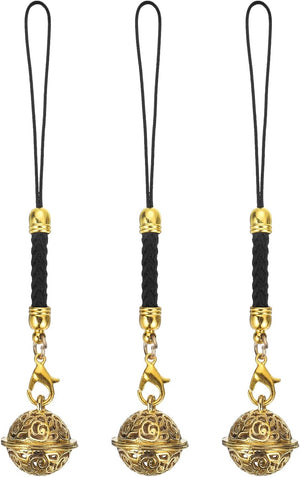 3 Pcs Cellphone Strap Pendant, 10cm/3.94inch Jingle Bells Cellphone Hanging Bells Keychains Lanyards Wrist Strap Decor for DIY Crafts, Backpack, Camera Purse, Black/Gold