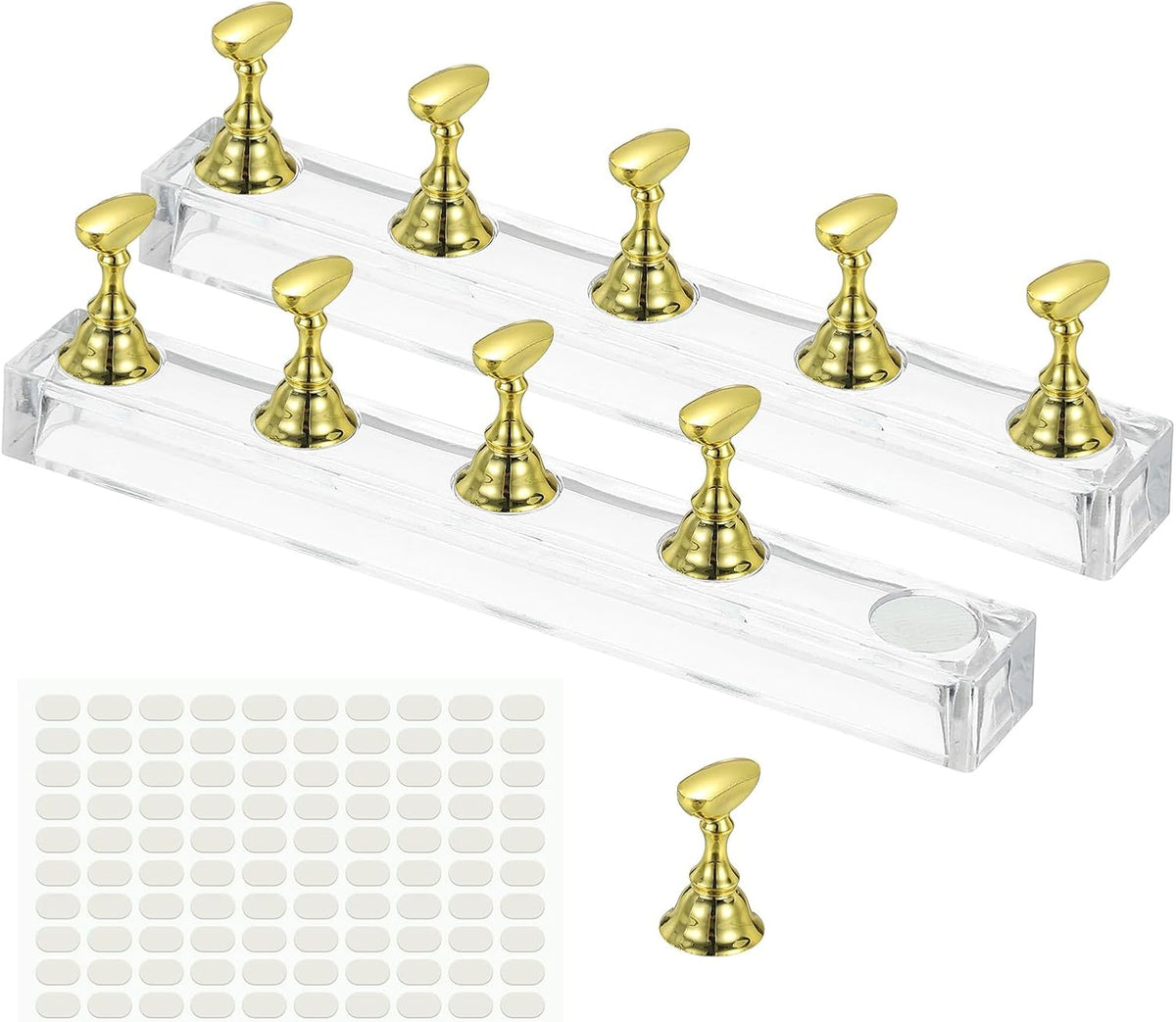2 Pcs Nail Holder for Painting Nails, Acrylic Nail Stand for Press on Display with 100 Pcs Adhesive Tapes for Art Salon Home DIY, Gold