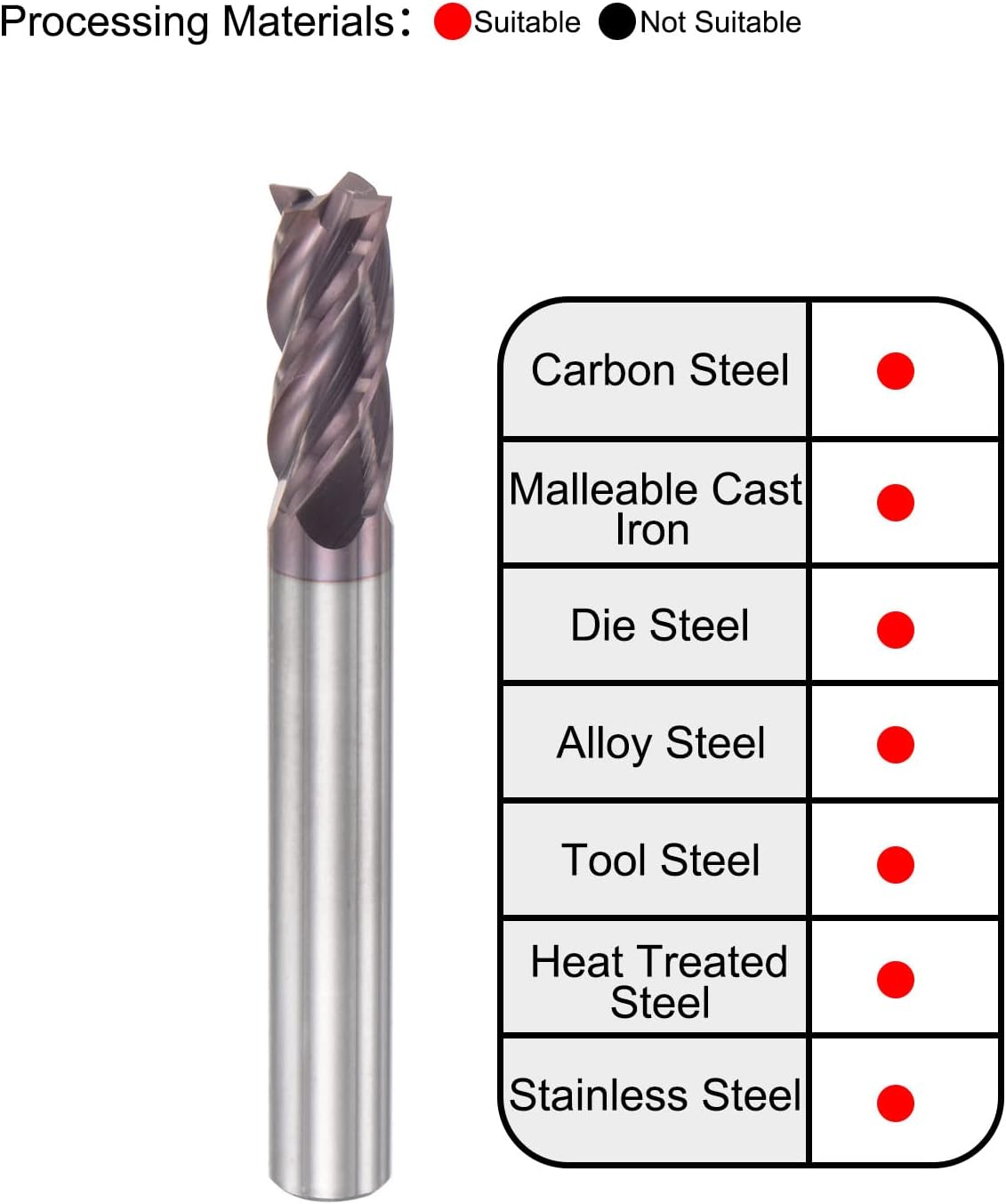 Fresa de Bico Quadrado, Diâmetro de 2,5mm, Carbide Sólido, Revestido com AlTiN, Bocas de 4, Cuscal Espiralado, Cortador de Fresa, HRC55, Com Cabo de 4mm e Comprimento de 50mm (2 polegadas)