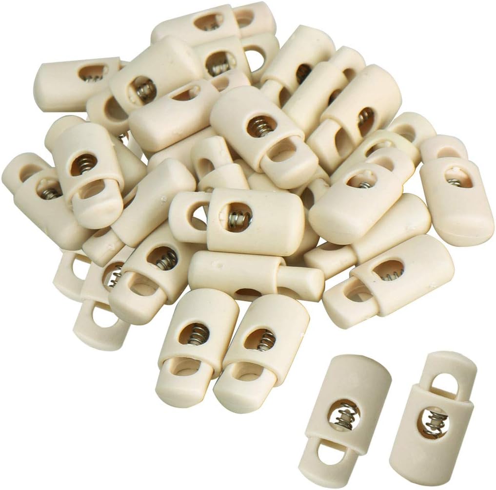 LinkMejor 40pcs Spring Cord Locks Plastic End Stopper Single Hole Toggle Fastener Rope End for Drawstrings, Shoelaces, Tents, Tie-Downs, Beige