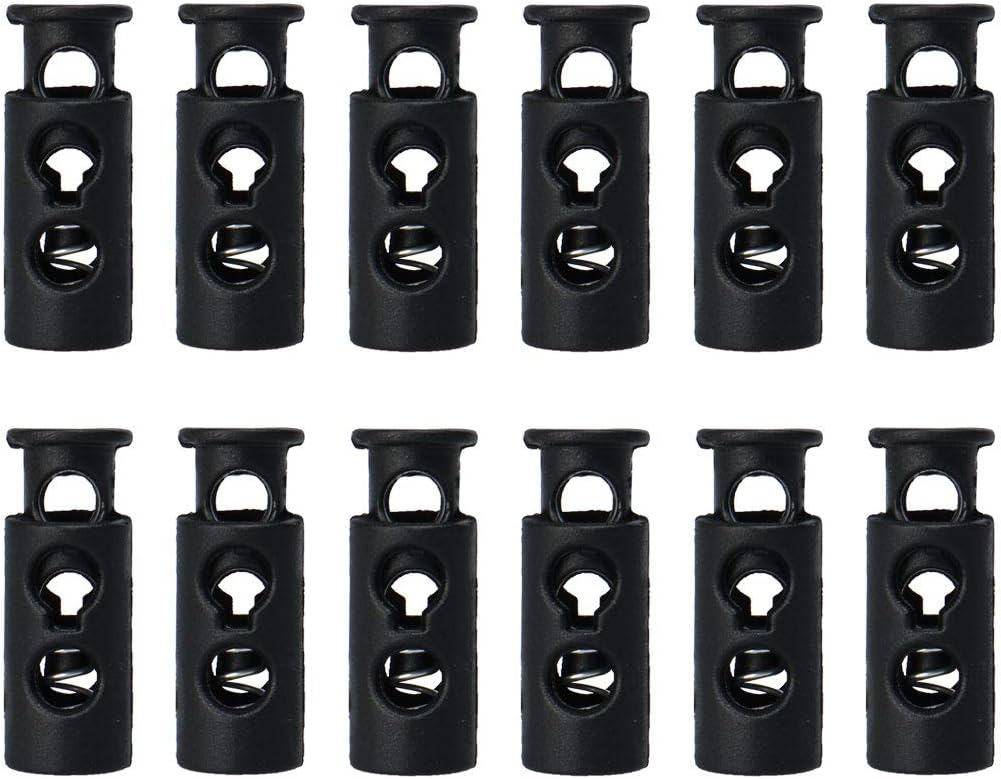 LinkMejor 12pcs Spring Cord Locks Plastic End Stopper Double Hole Toggle Fastener Rope End for Drawstrings, Shoelaces, Tie-Downs, Black