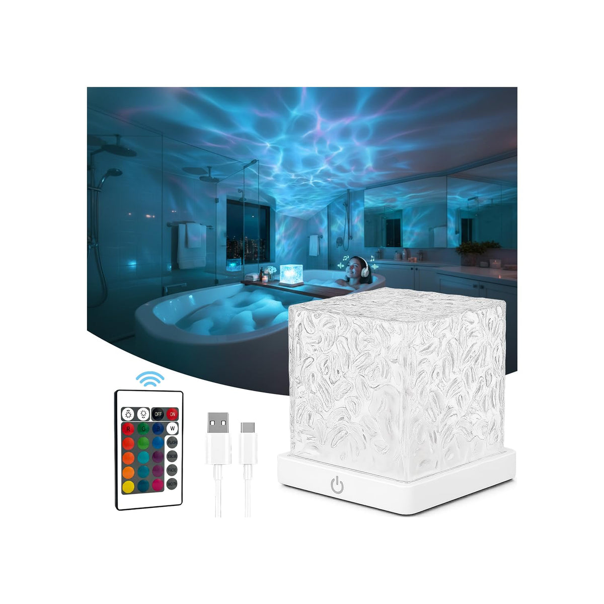Opbytningsbar Brusen Mood Light Cube, Ocean Wave Projektionslampe Trådløs