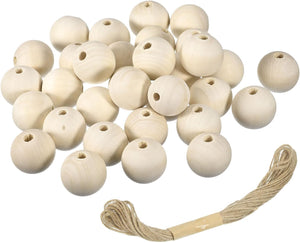 30Pcs Wooden Beads, 40mm/1.6inch Natural Color Ball Spacer Bead Unfinished Round Loose Beads for Crafts Jewelry Making Party Decoration (8mm Hole)