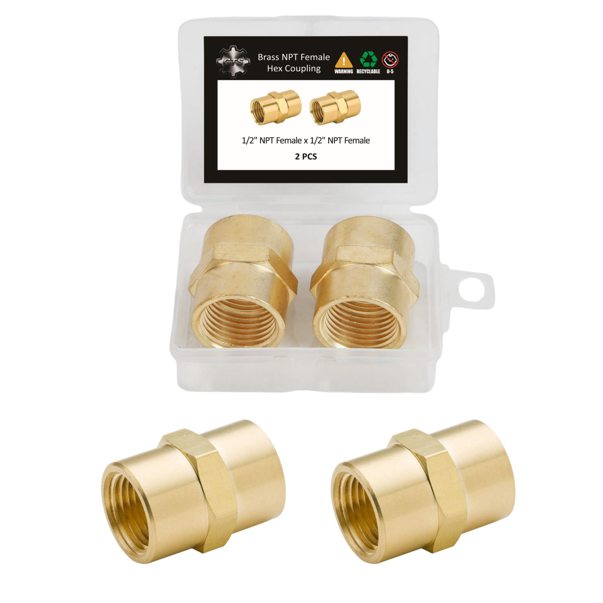 Brass 1/2" NPT Female til Female Pipe Coupling, 2-Pack Hose Fitting Adapter