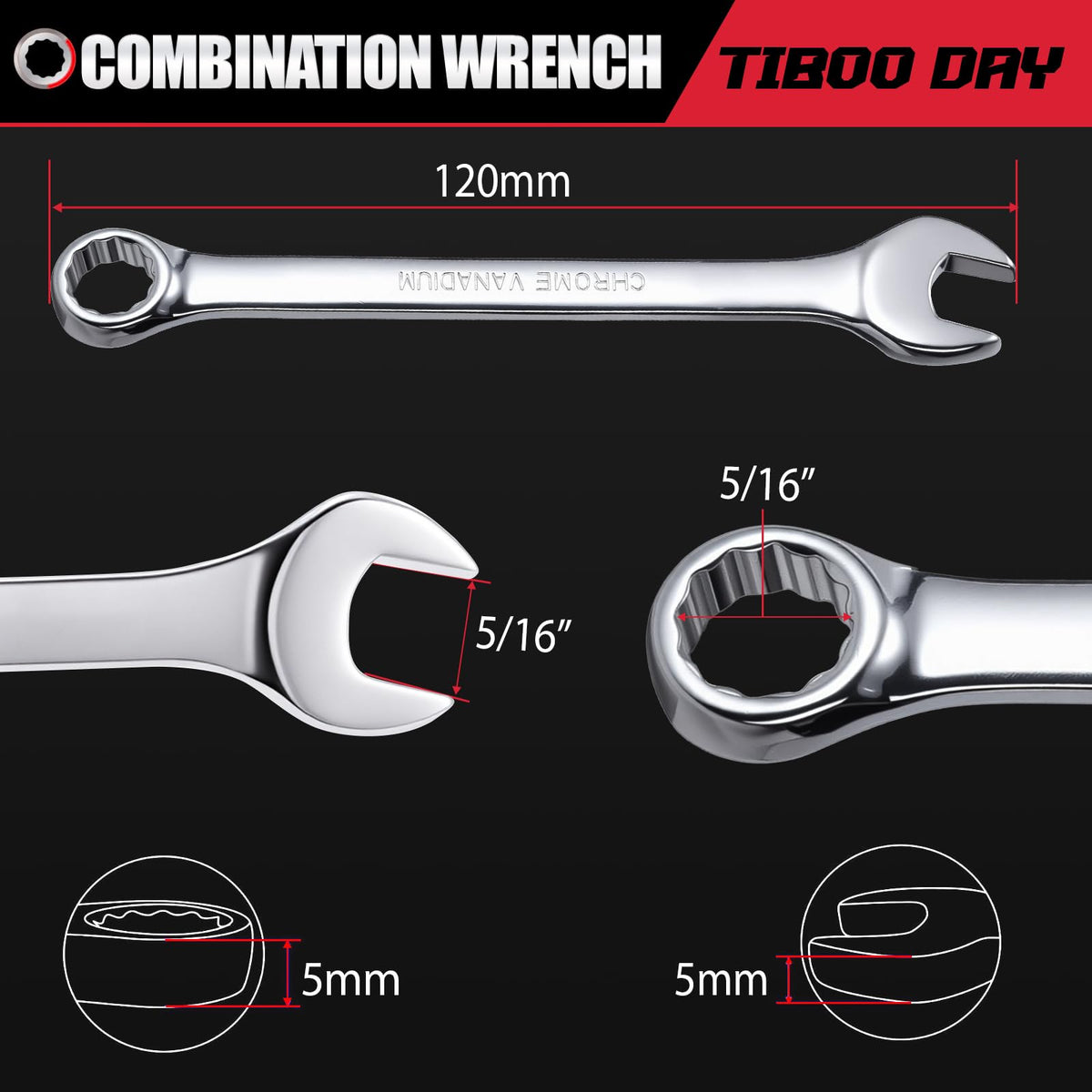 LinkMejor Combination Wrench 5/16" SAE Combination Spanner CR-V Steel