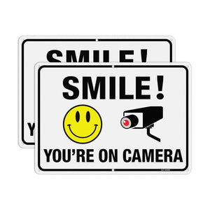 LinkMejor Large Smile You're On Camera Signs Video Surveillance Sign - 2 Pack - 14 x 10 Inches Rust Free .040 Aluminum Reflective - UV Protected, Waterproof, Weatherproof and Fade Resistant - 6
