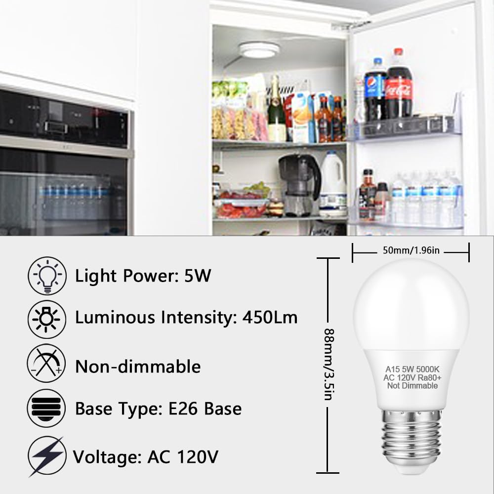 LinkMejor 12 Pack A15 5W 120V E26 Base 5000K LED Refrigerator Light Bulb
