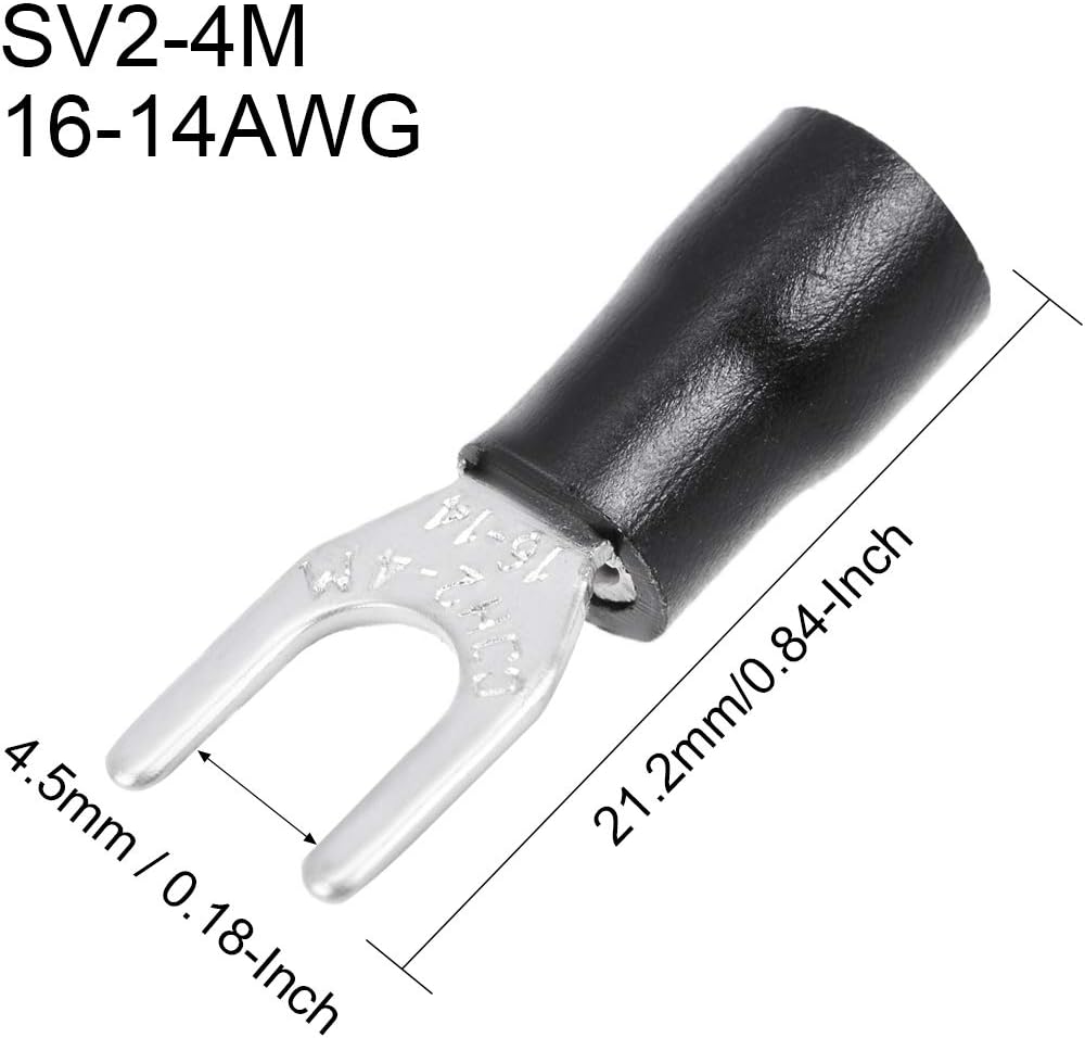 50Pcs SV2-4M Insulated Fork Spade U-Type Wire Connector Electrical Crimp Terminal 16-14AWG Black