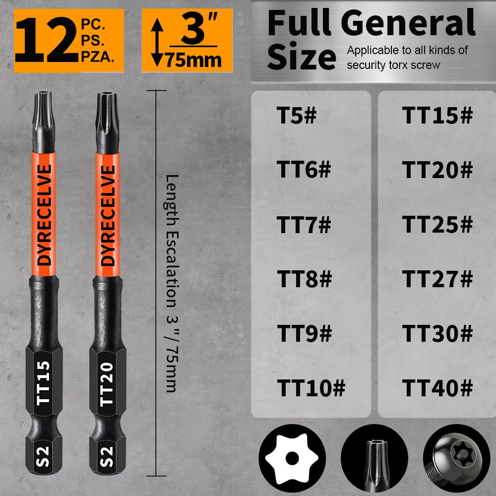 LinkMejor 12-PCS Conjunto de Parafusos de Segurança Torx 3IN Impacto Magnético T5-T40 Bits de Estrela