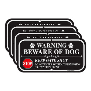 LinkMejor Beware of Dog Sign Keep Gate Shut Do Not Enter Sign - 4 Pack - 12 x 6 Inches Rust Free .040 Aluminum Reflective - UV Protected, Waterproof, Weatherproof and Fade Resistant - 2 Pre-drilled