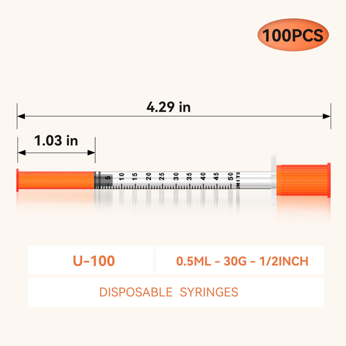 0.5ml 30Ga 1/2 cal. Zestawy jednorazowe do laboratorium, Indywidualnie zamknięte opakowanie 100 szt.