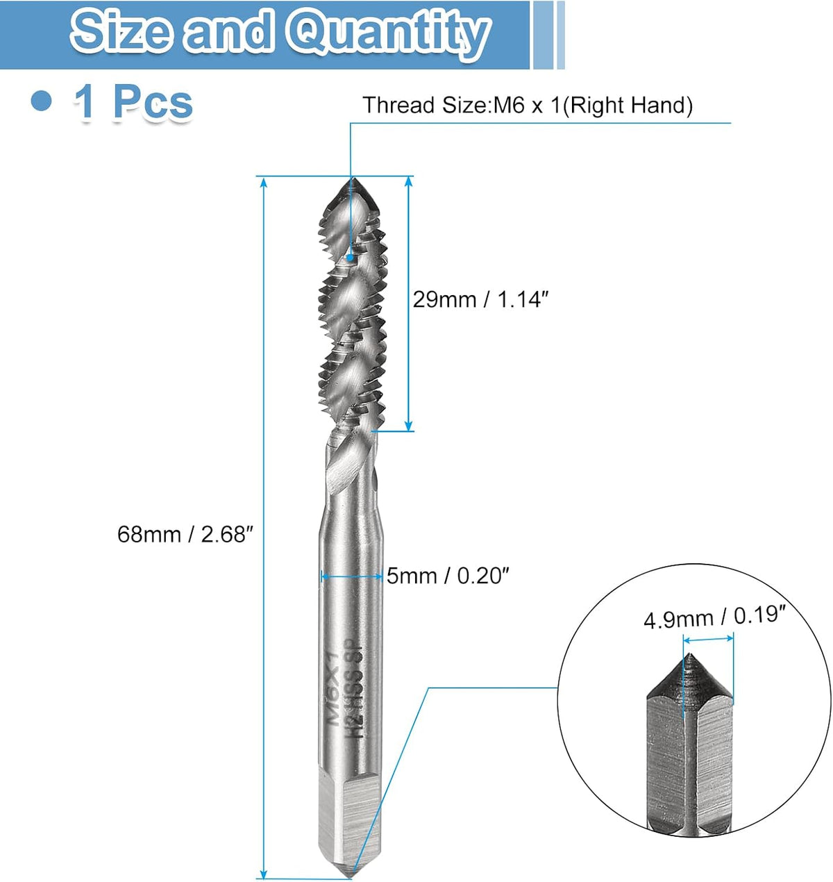 Spiral Flute Thread Taps 3/16-24 UNC 2B Machine Threading Tap Bit, Uncoated Screw Tapping Repair Tool, M2 High-Speed Steel (HSS)