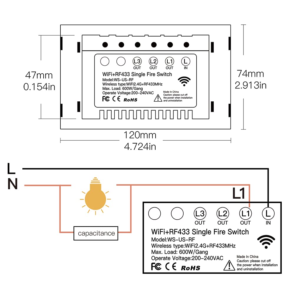 EnlaceMejor Interruptor de Luz táctil Inteligente, No se Necesita Cable Neutral, WiFi Negro 1 Gang