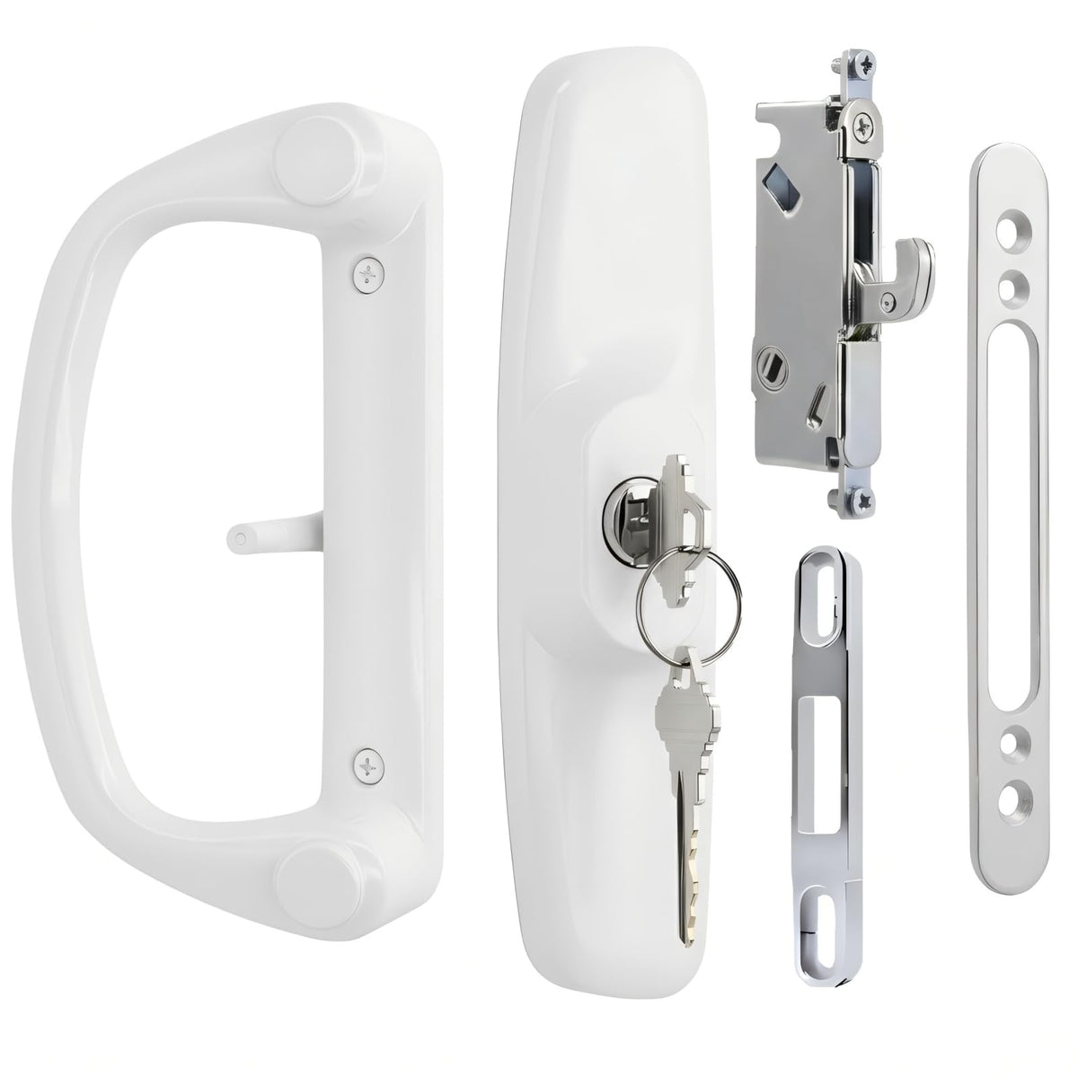 LinkMejor Aluminum Sliding Glass Patio Door Handle Set with Mortise Lock & Keys, Fits 1-1/4" to 2" Thick Doors 3-15/16" Hole Spacing, Adjustable Thumb Latch, Non-Handed, White