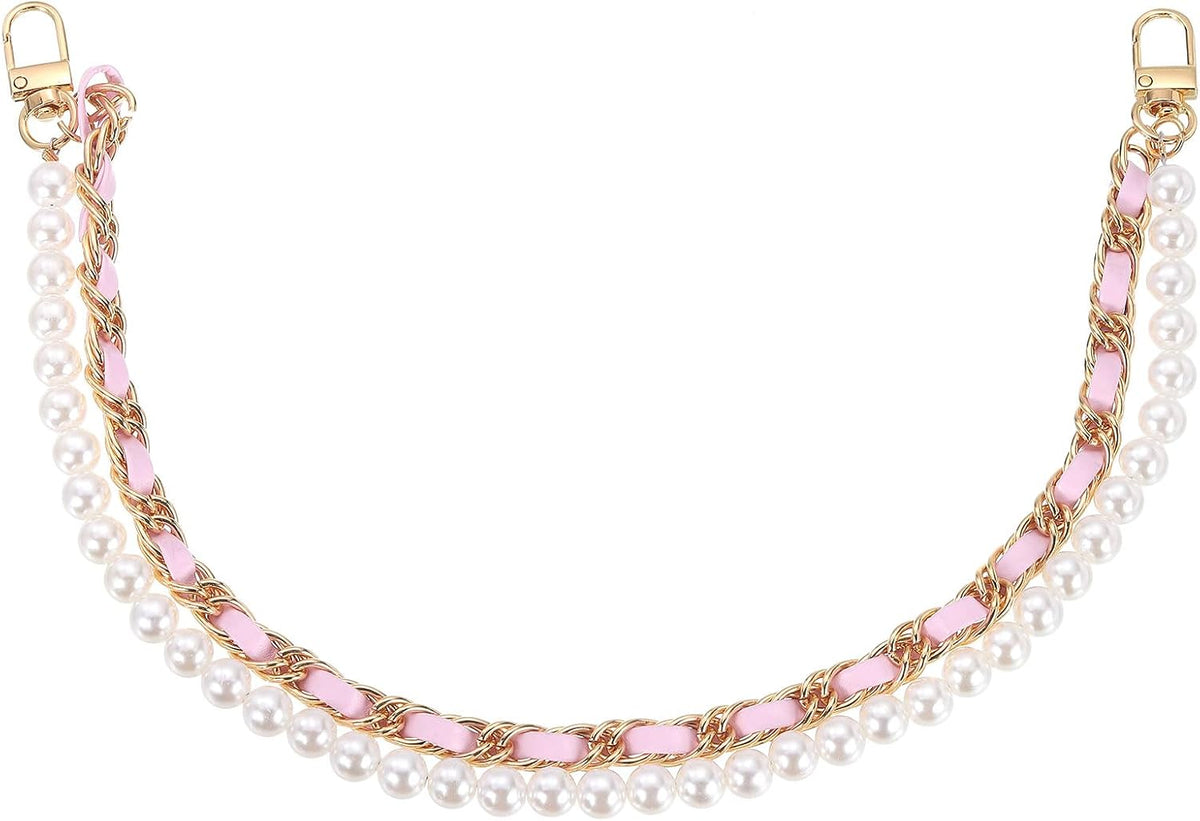 LinkMejor 17.7" Pearl Purse Double Chain, Metal Purse Extender Chain, PU Leather Double Handle Wrist Chain, Purse Handbag Strap Replacement Chain, (Pink, Gold Chain)