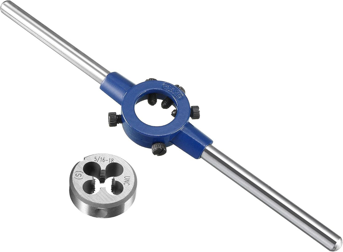 Round Die Stock Handle Wrench Set, 5/16-18 UNC Threading Die and 25mm Die Holder (Fits: 16mm-25mm OD Die / M7-M8 Thread Die) Adjustable for Bolt Thread Repair