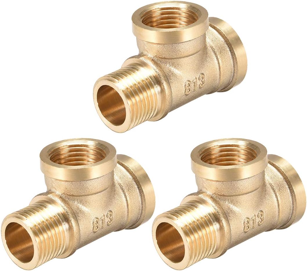 Brass Tee Pipe Fitting G1/2 Male x G1/2 Female x G1/2 Female T-Shaped Adapter Coupler 3pcs