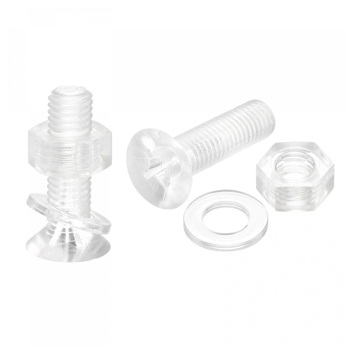 LinkMejor M8 x 50mm Plastic Phillips Machine Screws with Nuts and Flat Washers, PC Flat Head Machine Bolts Transparent 20 Sets