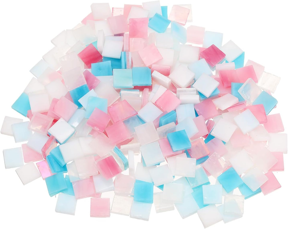 LinkMejor 500g/1.1lb Mixed Color Square Mica Mosaic Tiles, 700 Pcs Glitter Crystal Mica Mosaic Tiles Stained Mica Piece for DIY Art Crafts, Blue Pink White