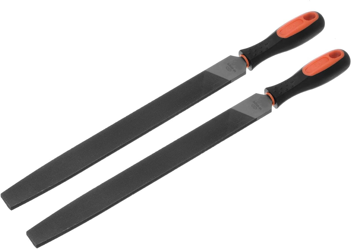 2pcs Second Cut Grade High Carbon Hardened Steel Flat Mill File with Rubber Hand Grip Handle, 12-Inch