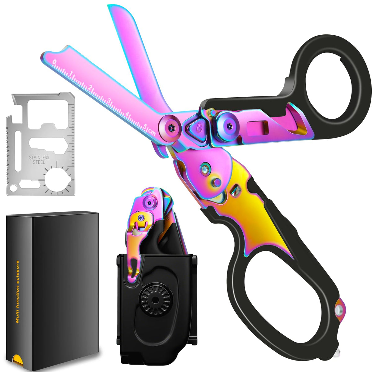 Trauma Shears Foldable with Compatible Holster, Multi Tool Emergency Response Trauma Shear for Nurses, Multi-function Outdoor EMT Tactical XShears, Trauma Scissors with Gift Box(Black Magic)