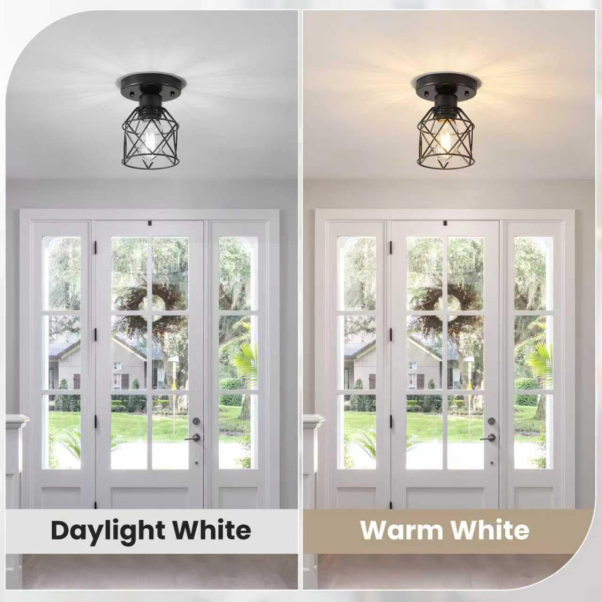 2-Pack Farmhouse Semi Flush Mount Ceiling Light, Black Metal Cage Fixture
