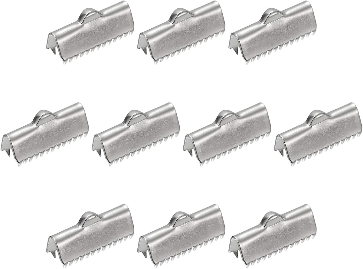 30Pcs Ribbon End Crimp Clamps, 20mm Smooth Stainless Steel Pinch Cord End Clasps for DIY Bracelet Making, Silver Tone