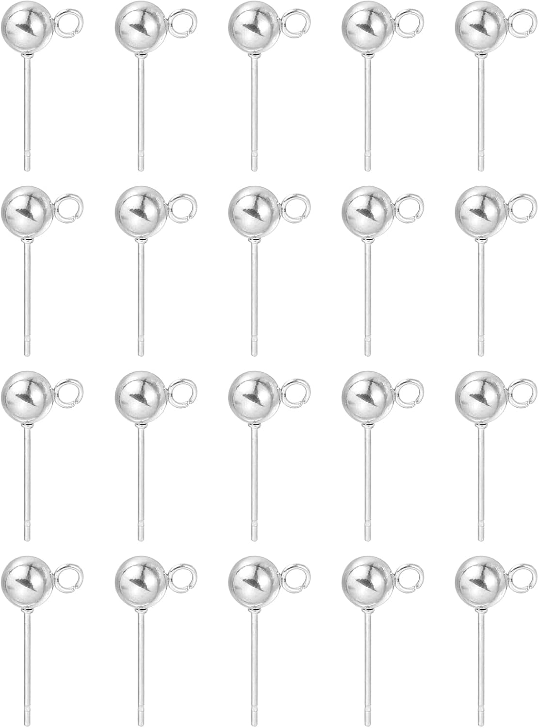 40Pcs Ball Post Stud Earrings, 17x5mm Stainless Steel Round Ear Pin Earring Findings with Vertical Loop for Earring Jewelry DIY, Silver