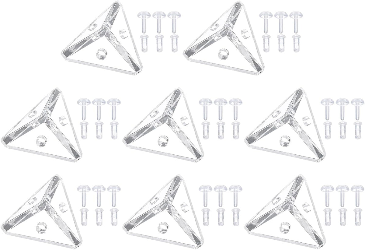 8 Set Acrylic Corner Bracket, 3-Hole Triangle Corner Connector Joint Hanger Brace Brackets Transparent w/Snap for DIY Display Box