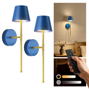 LinkMejor Wireless Sconces Set of 2 with Remote, 5200mAh Battery Powered Sconces - Small Rechargeable Sconces w/ 3 Color Temps & 5 Brightness Levels for Bedroom, Living Room, Wall Painting, Cafe
