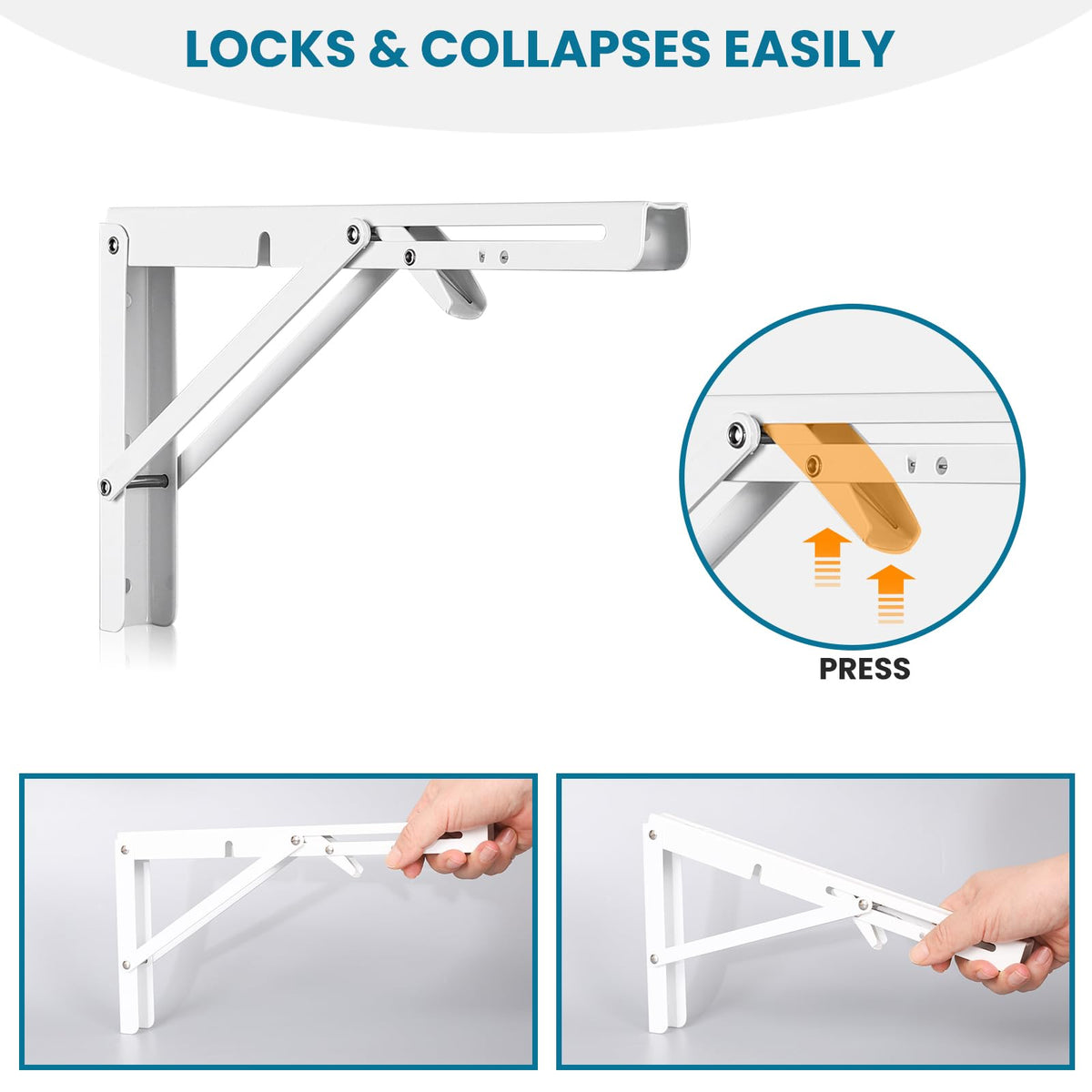 2 Pcs Folding Shelf Brackets,10 Inch White Collapsible Shelf Bracket for WorkbenchShelf Hinge Wall Mounted Space Saving DIY Bracket,with Screws.