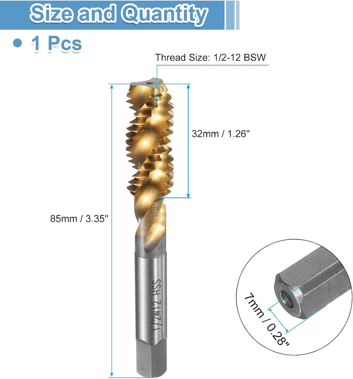 Tappi per trafilatura a spirale per flauto 1/2-12 BSW H2, utensile di riparazione per trafilatura a vite, rivestito in titanio, acciaio ad alta velocità M2 (HSS6542)