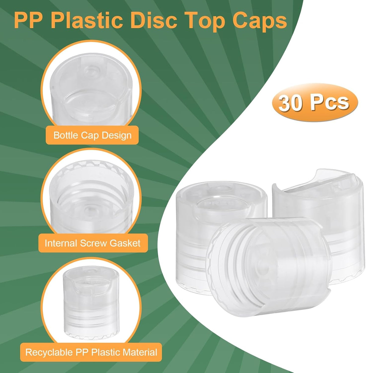 30pcs PP Plastic Disc Top Caps, 20/410 Replacement Press Caps, Durable Dispensing Lids for Squeeze Bottles, Refillable Bottles, Clear