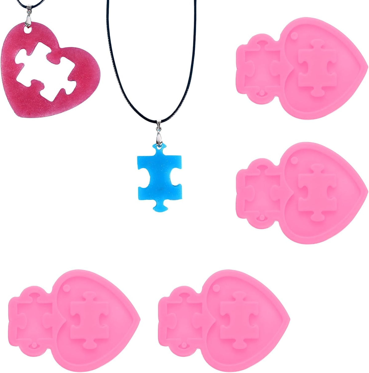 LinkMejor 4 Pcs Jigsaw Resin Moulds, Silicone Epoxy Mould Kit with Hole for Pendant Keychains Ornament Jewelry Resin Art Crafts Making DIY Crafts, Pink