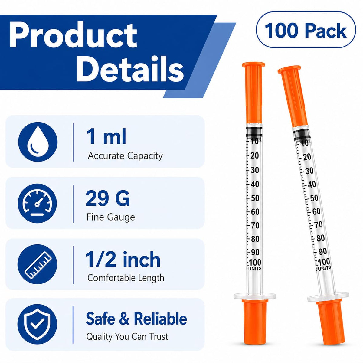 100 pakke 1 ml sprøjter, 29G x 1/2 tomme (13mm)