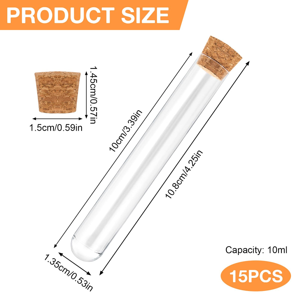 15Pcs Clear Plastic Test Tubes with Cork Stoppers 15x100mm 10ml – Transparent Vials with Seal Cap for Bath Salt, Candy, Beads, Powder, Spice, Liquid Storage, Party Favors, DIY Decoration, Lab Use