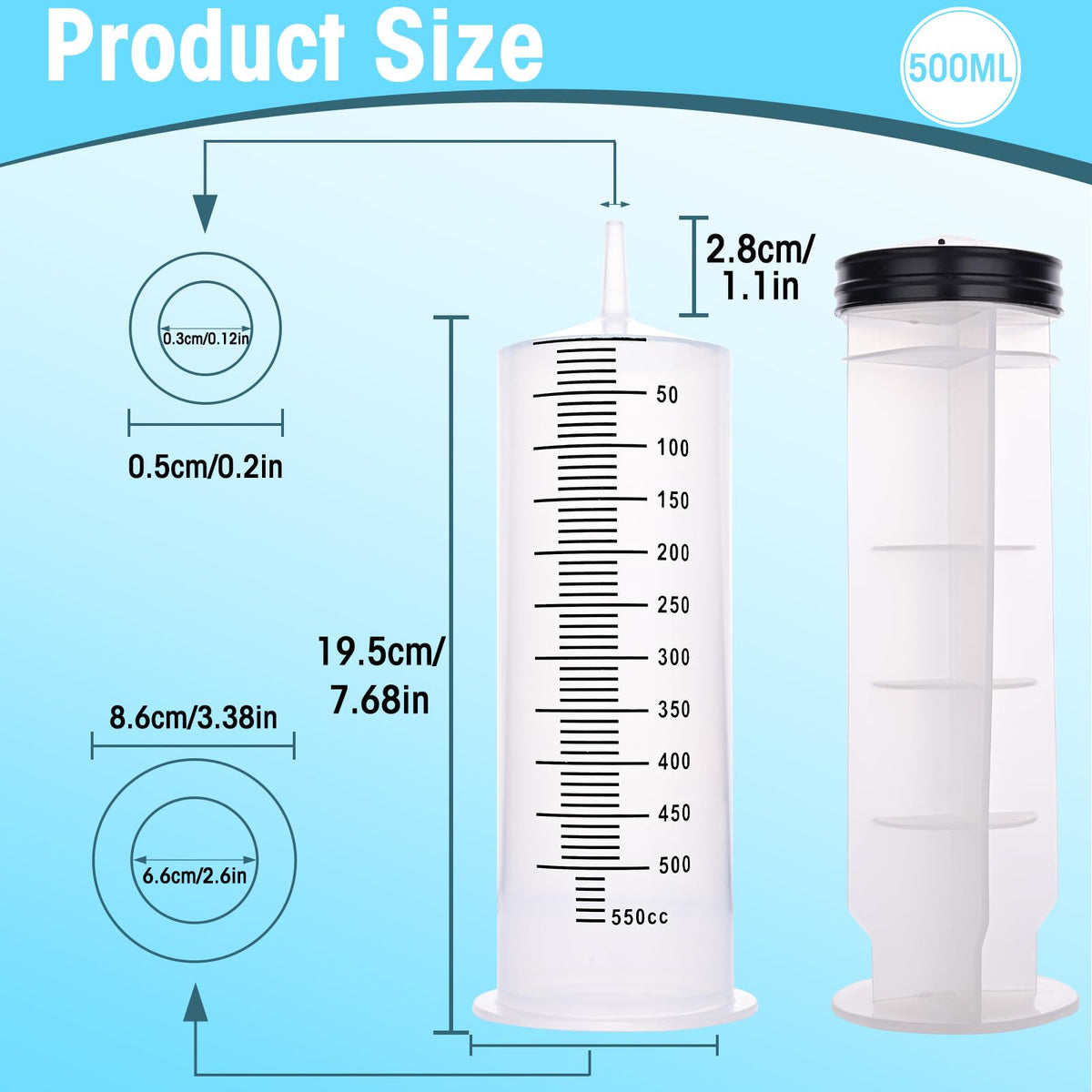 Syringes de 500ml sans aiguille, Grand Système à injection en plastique, 2 Pack
