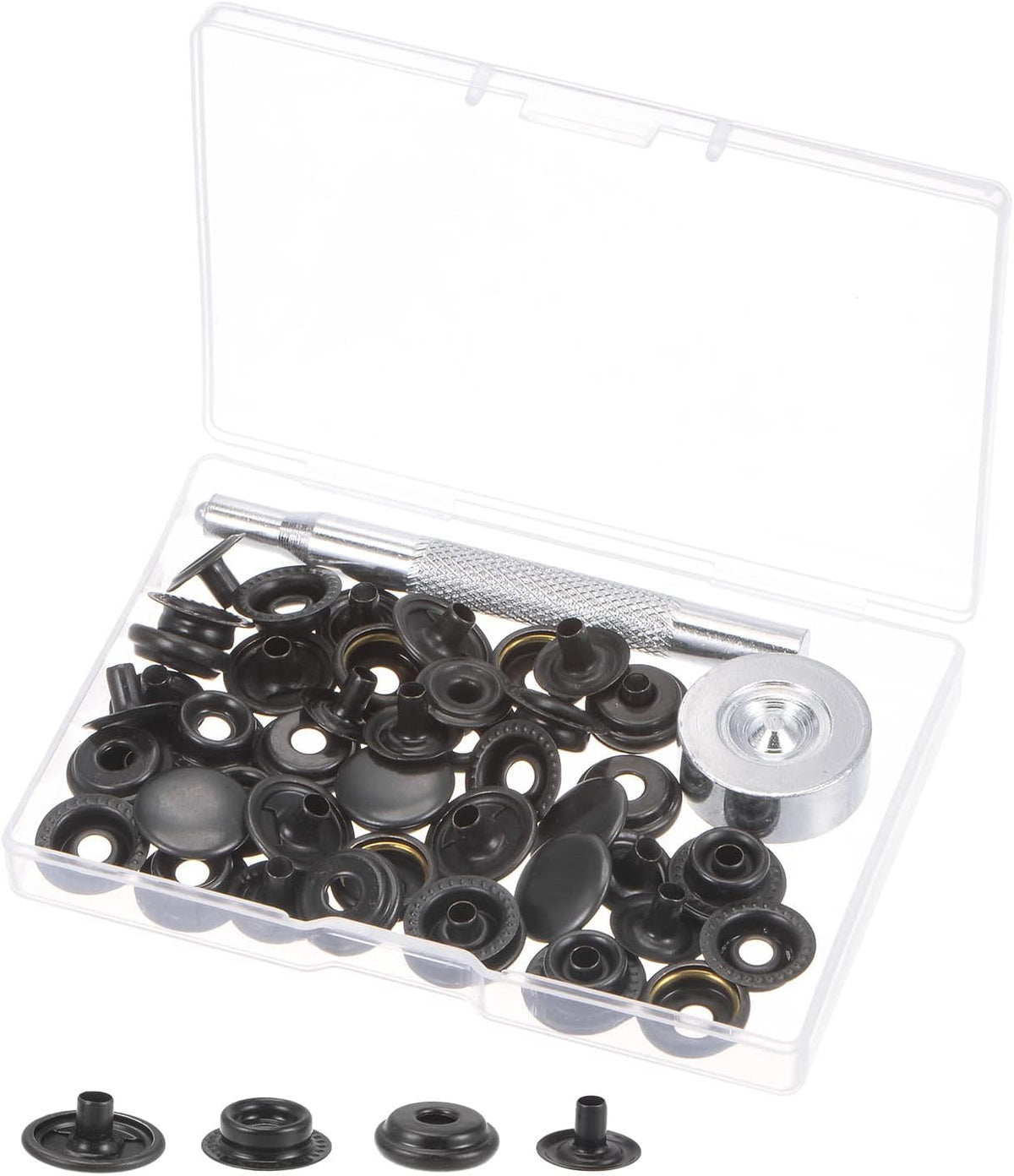 12 Sets Leather Snap Fasteners Kit 3/5 Inch 15mm Metal Press Studs Buttons with 2 Setter Tools & Storage Box for Clothing Leather Sewing Black